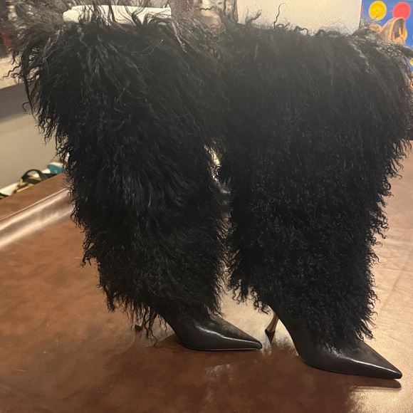 Michael Kors Black Faux Fur Knee-High Pointed-Toe Stiletto Boots